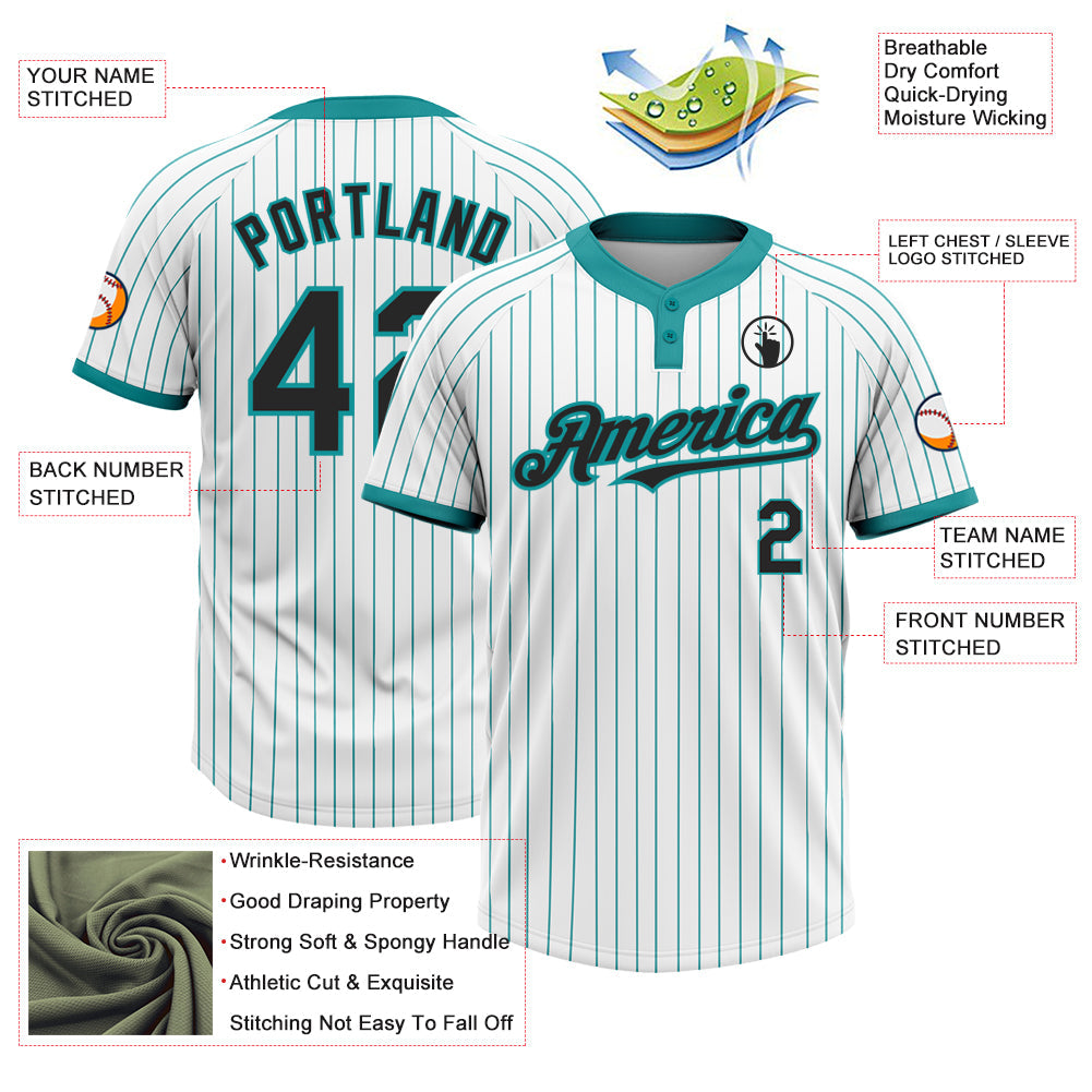 Custom White Teal Pinstripe Black Two-Button Unisex Softball Jersey view 3