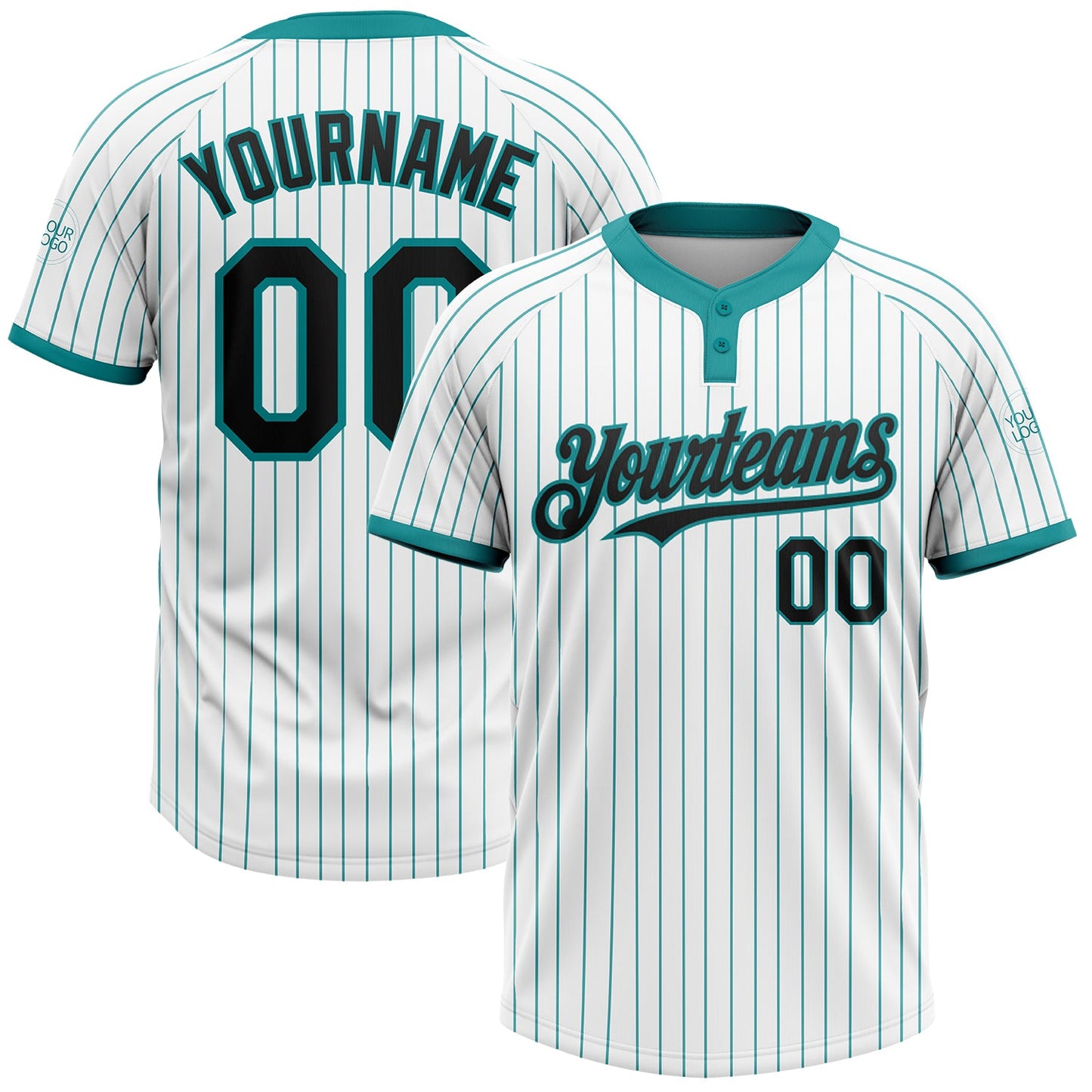 Custom White Teal Pinstripe Black Two-Button Unisex Softball Jersey - Main View