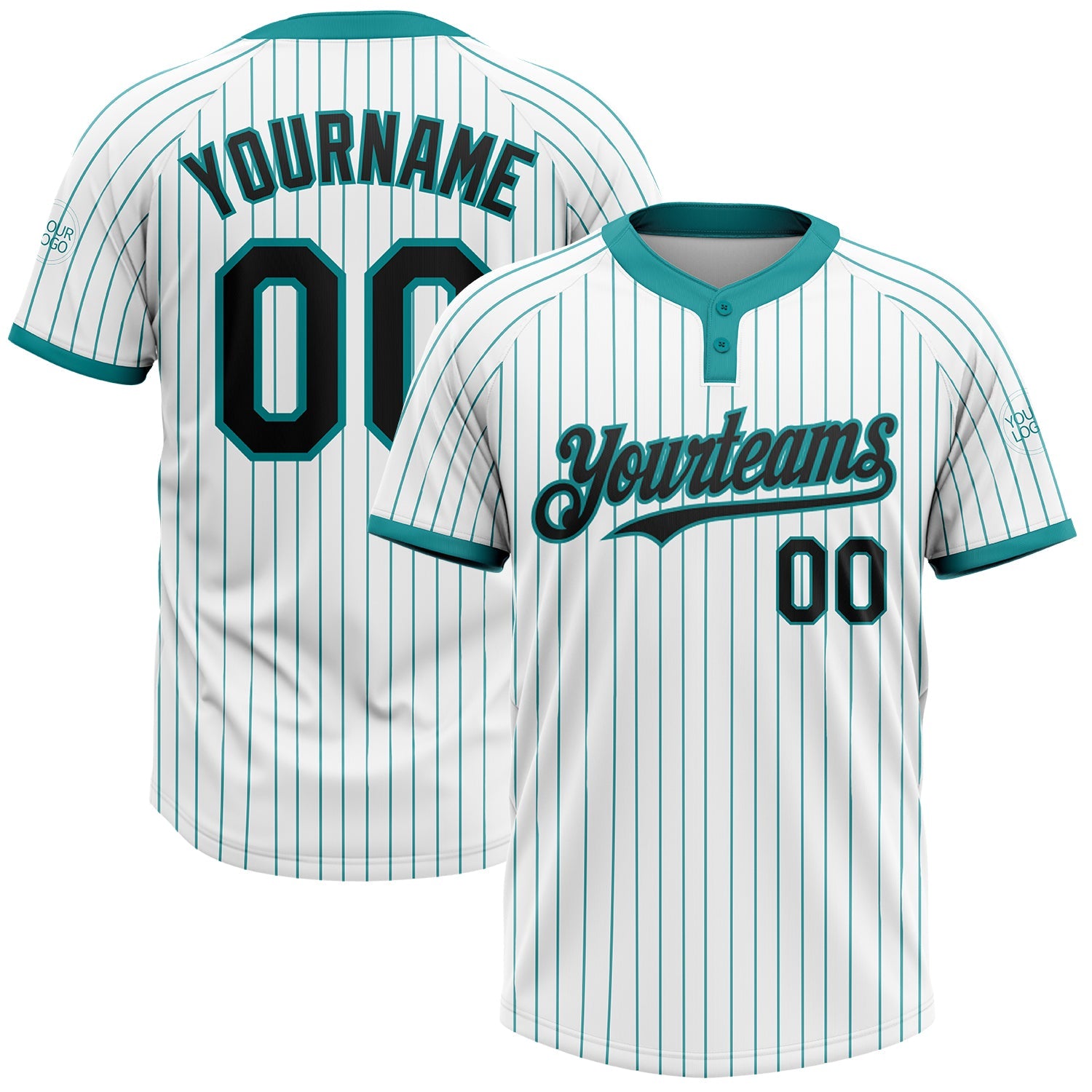 Custom White Teal Pinstripe Black Two-Button Unisex Softball Jersey - Main View