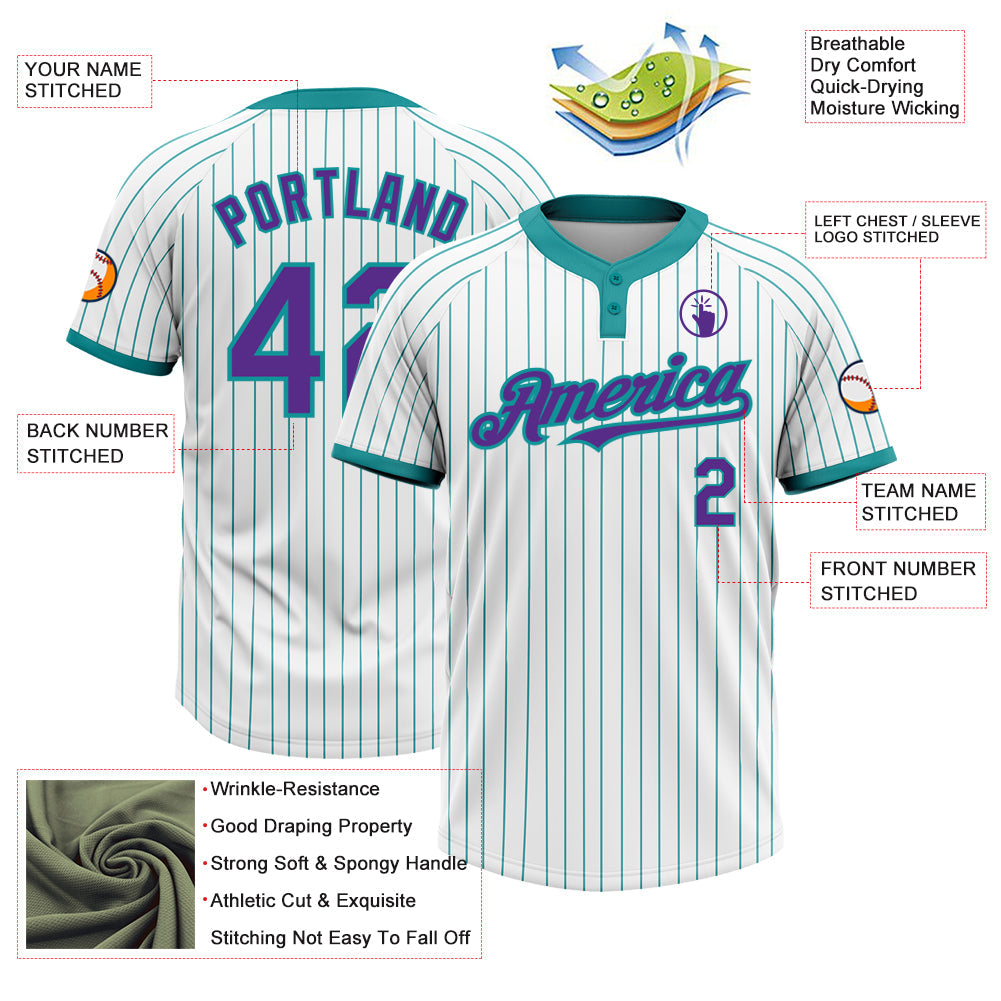 Custom White Teal Pinstripe Purple Two-Button Unisex Softball Jersey view 3