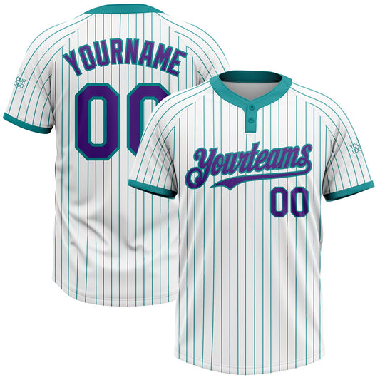 Custom White Teal Pinstripe Purple Two-Button Unisex Softball Jersey - Main View