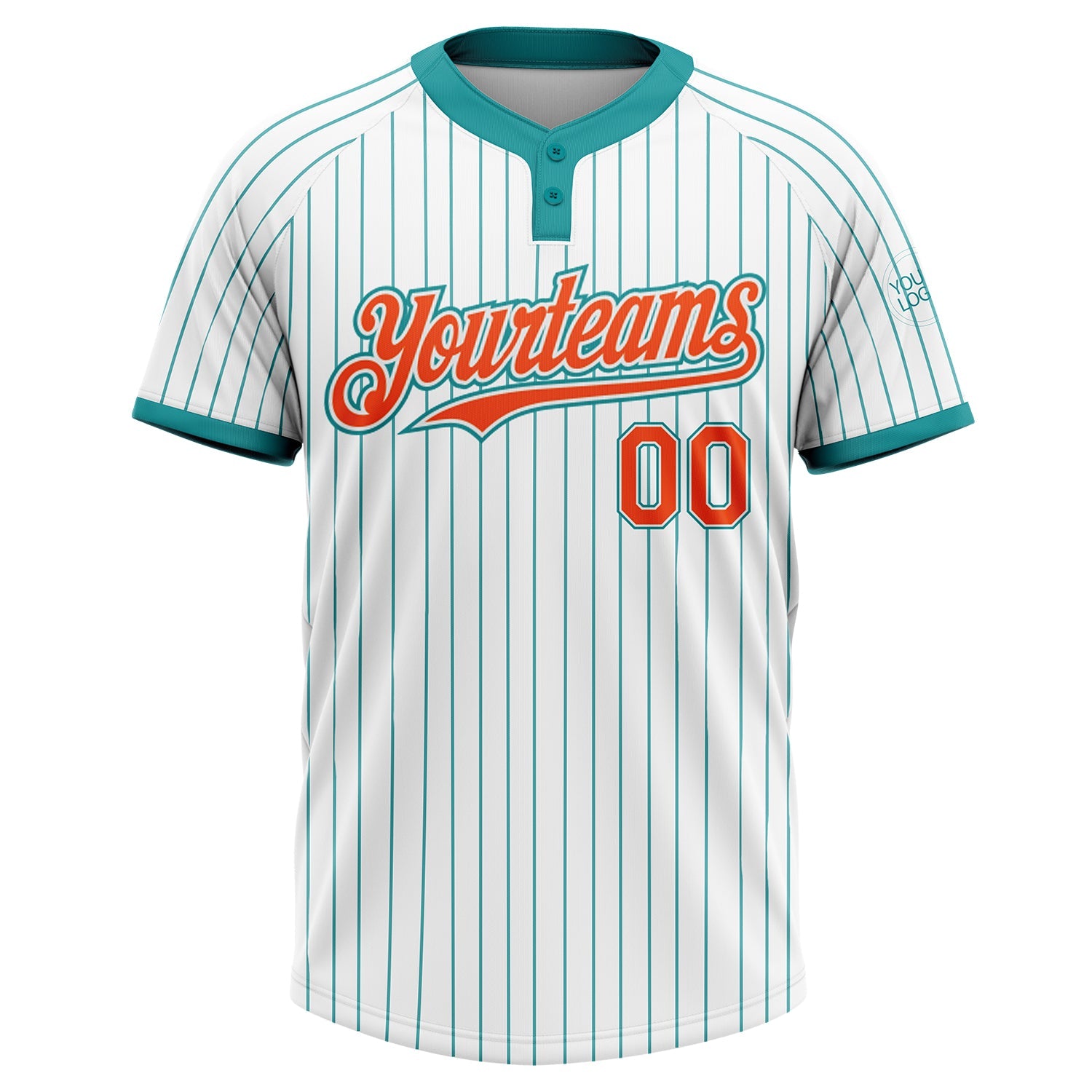 Custom White Teal Pinstripe Orange Two-Button Unisex Softball Jersey view 2