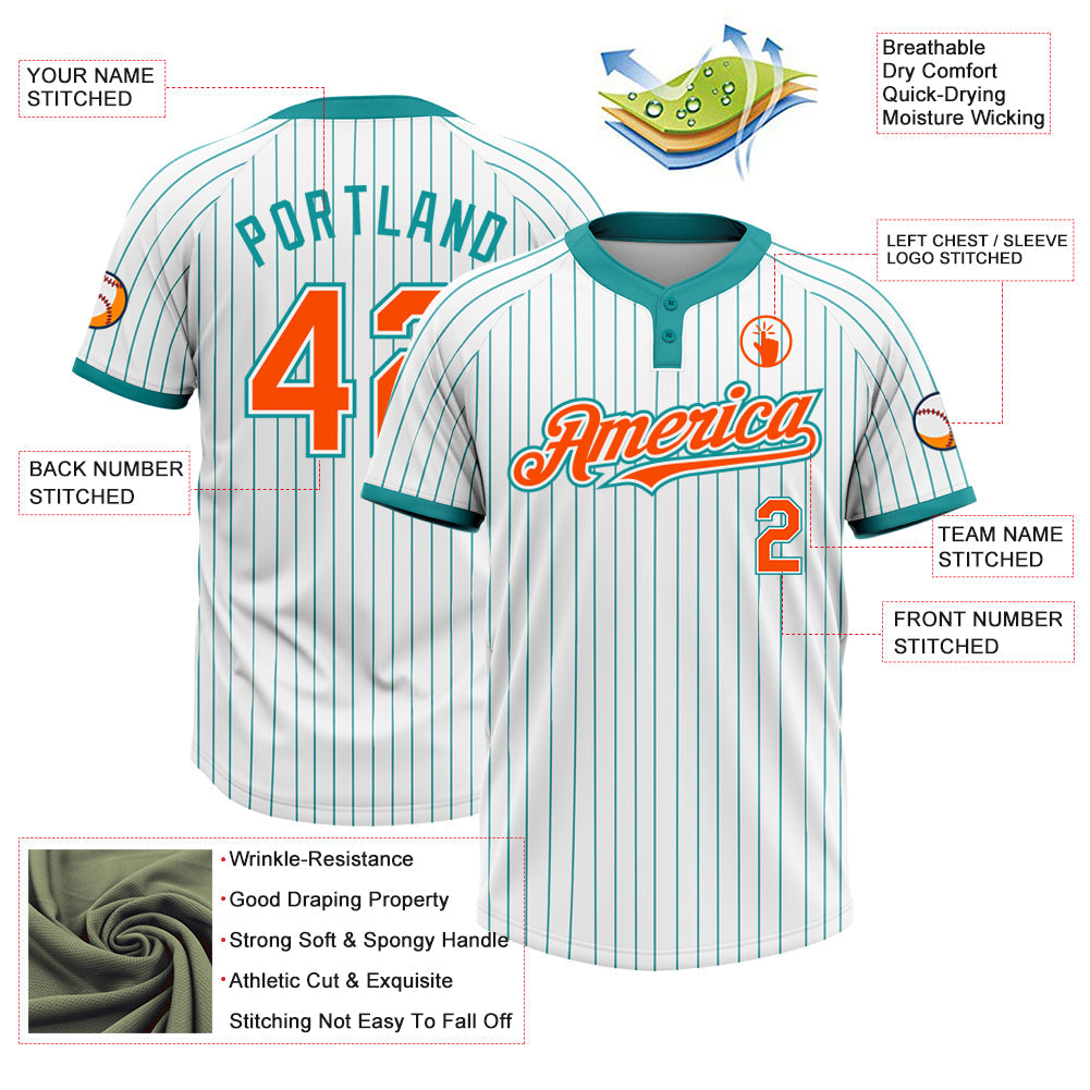Custom White Teal Pinstripe Orange Two-Button Unisex Softball Jersey view 3