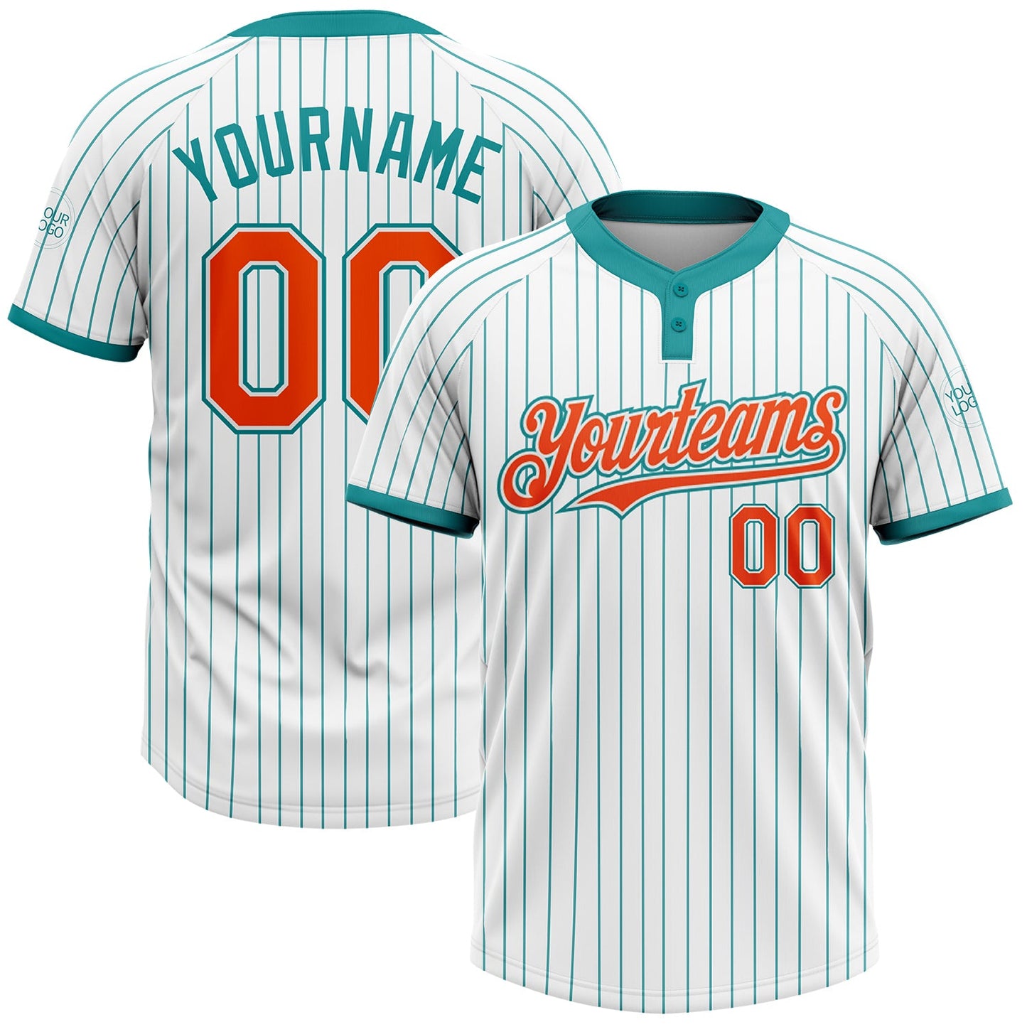 Custom White Teal Pinstripe Orange Two-Button Unisex Softball Jersey - Main View