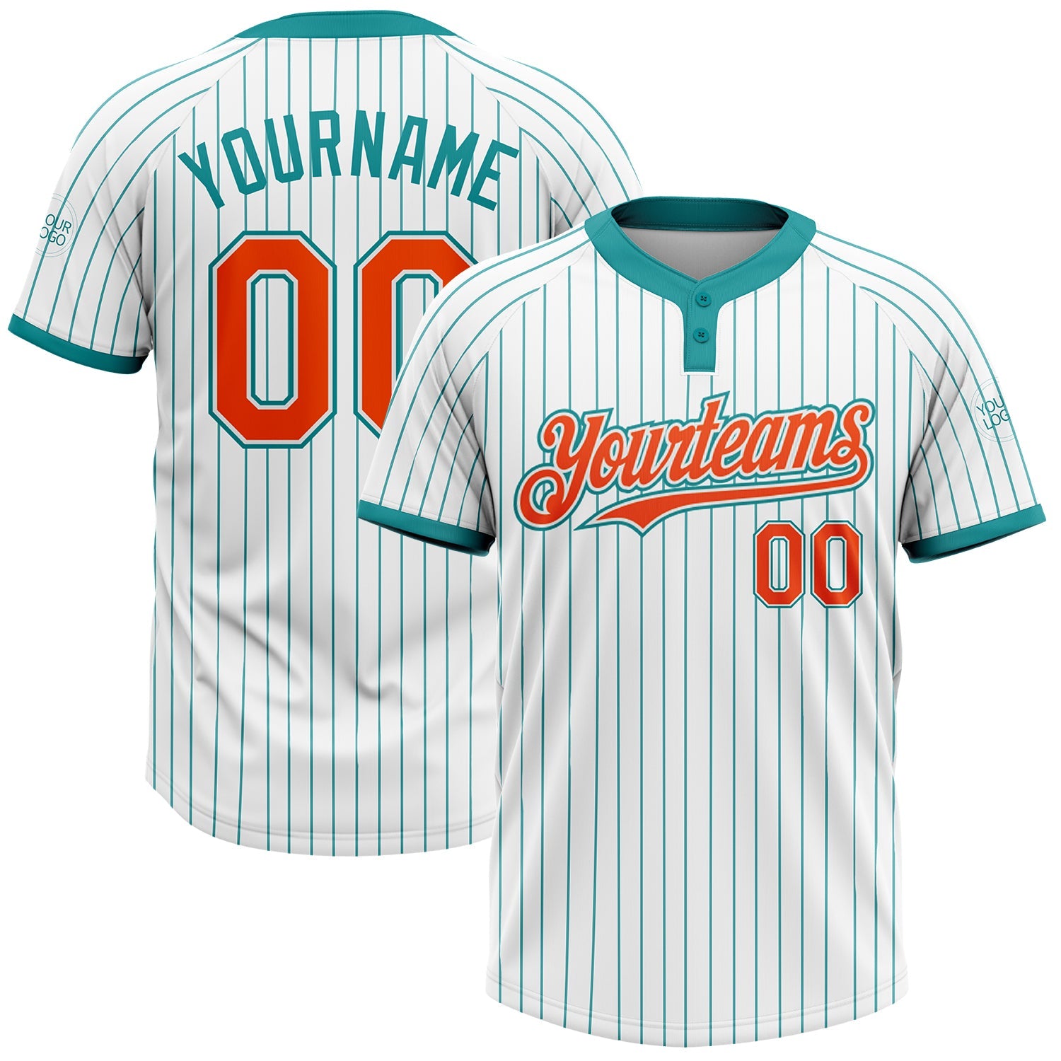 Custom White Teal Pinstripe Orange Two-Button Unisex Softball Jersey - Main View