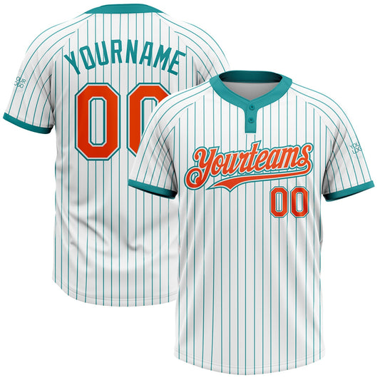 Custom White Teal Pinstripe Orange Two-Button Unisex Softball Jersey - Main View