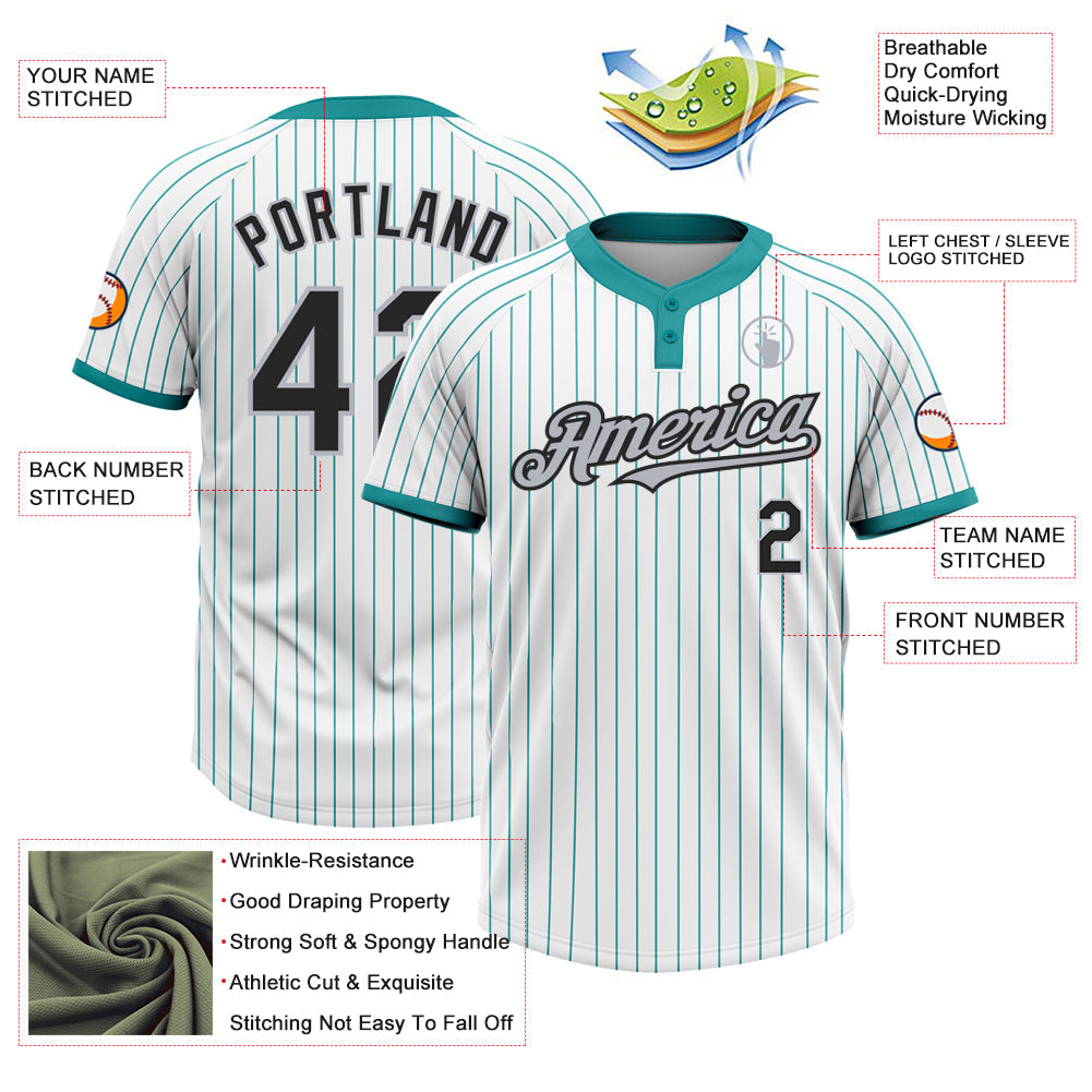 Custom White Teal Pinstripe Black-Gray Two-Button Unisex Softball Jersey view 3