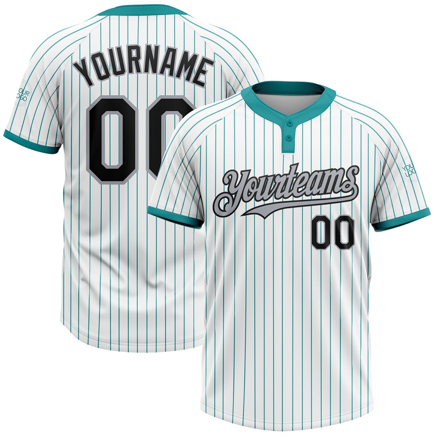 Custom White Teal Pinstripe Black-Gray Two-Button Unisex Softball Jersey - Main View