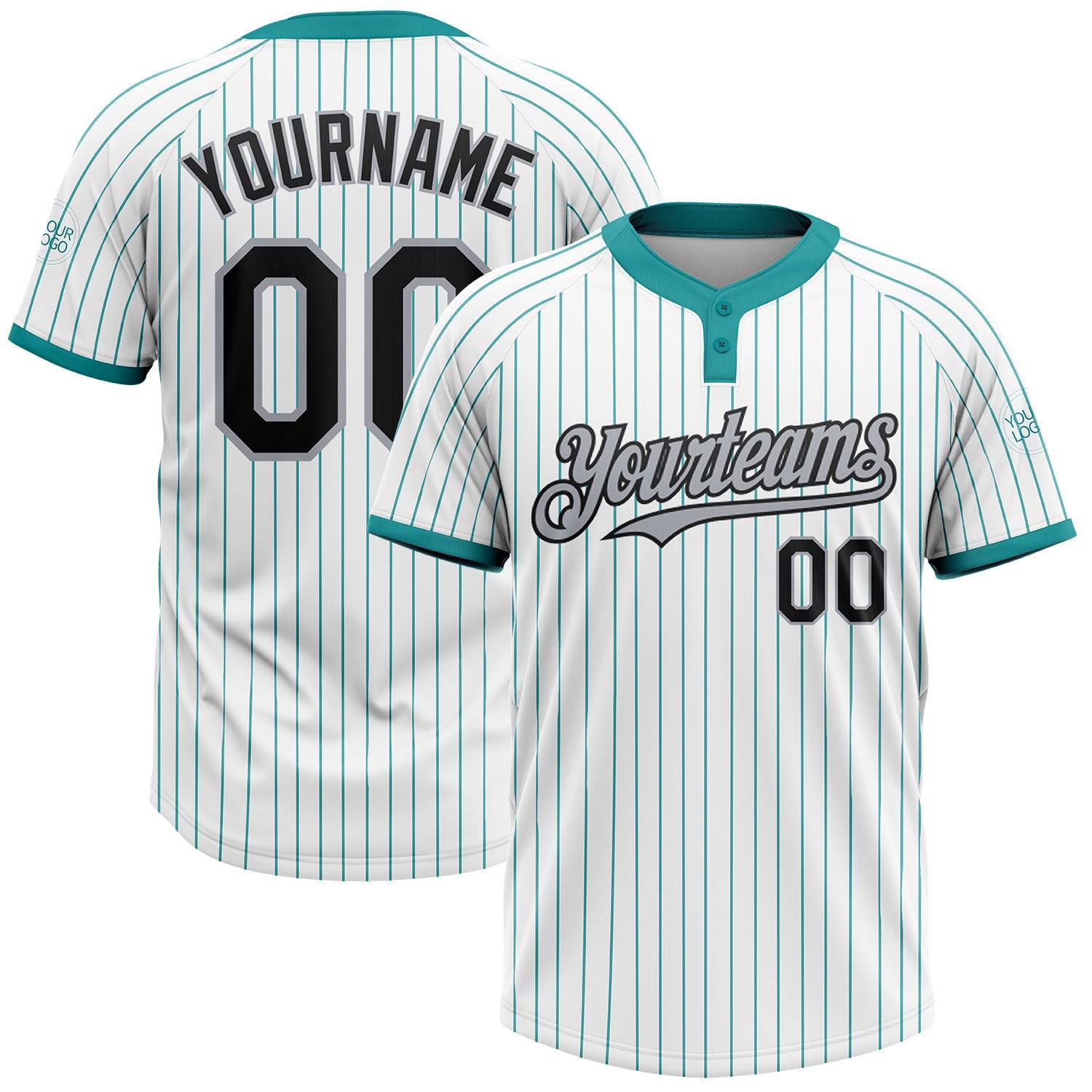 Custom White Teal Pinstripe Black-Gray Two-Button Unisex Softball Jersey - Main View