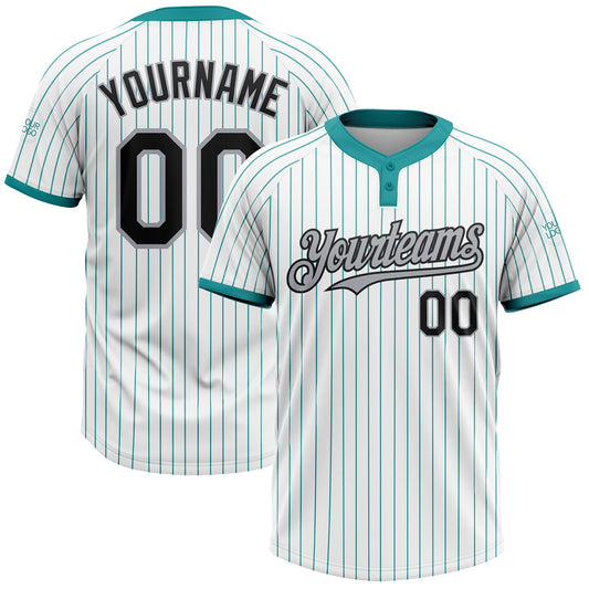 Custom White Teal Pinstripe Black-Gray Two-Button Unisex Softball Jersey - Main View