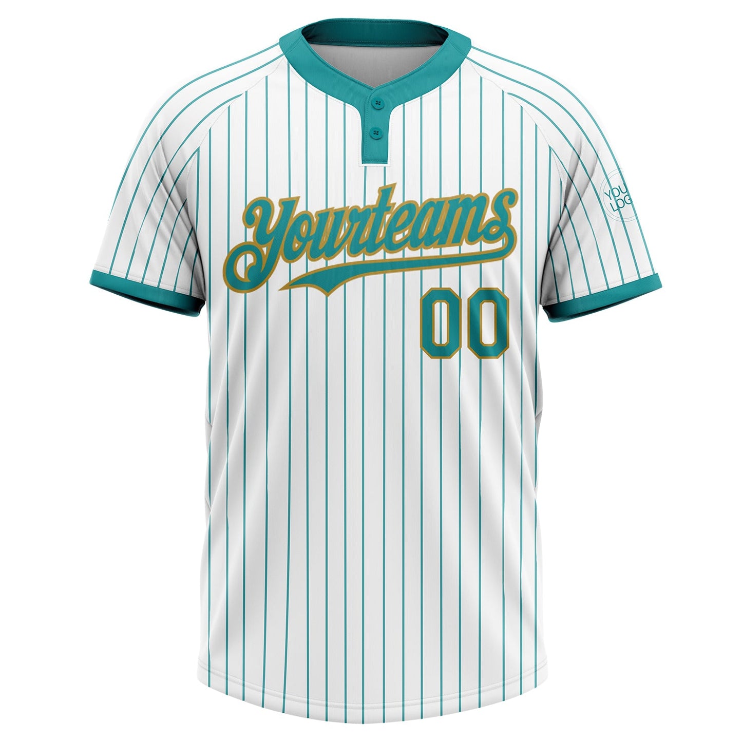Custom White Teal Pinstripe Old Gold Two-Button Unisex Softball Jersey view 2