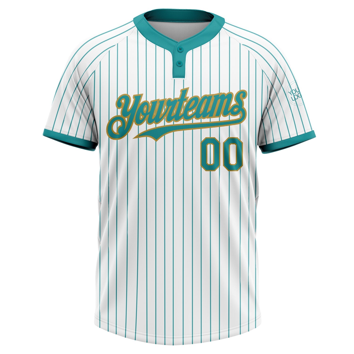 Custom White Teal Pinstripe Old Gold Two-Button Unisex Softball Jersey view 2