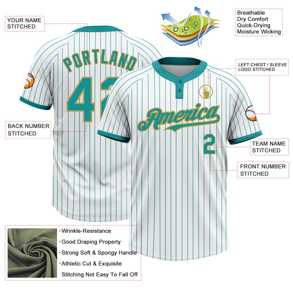 Custom White Teal Pinstripe Old Gold Two-Button Unisex Softball Jersey view 3