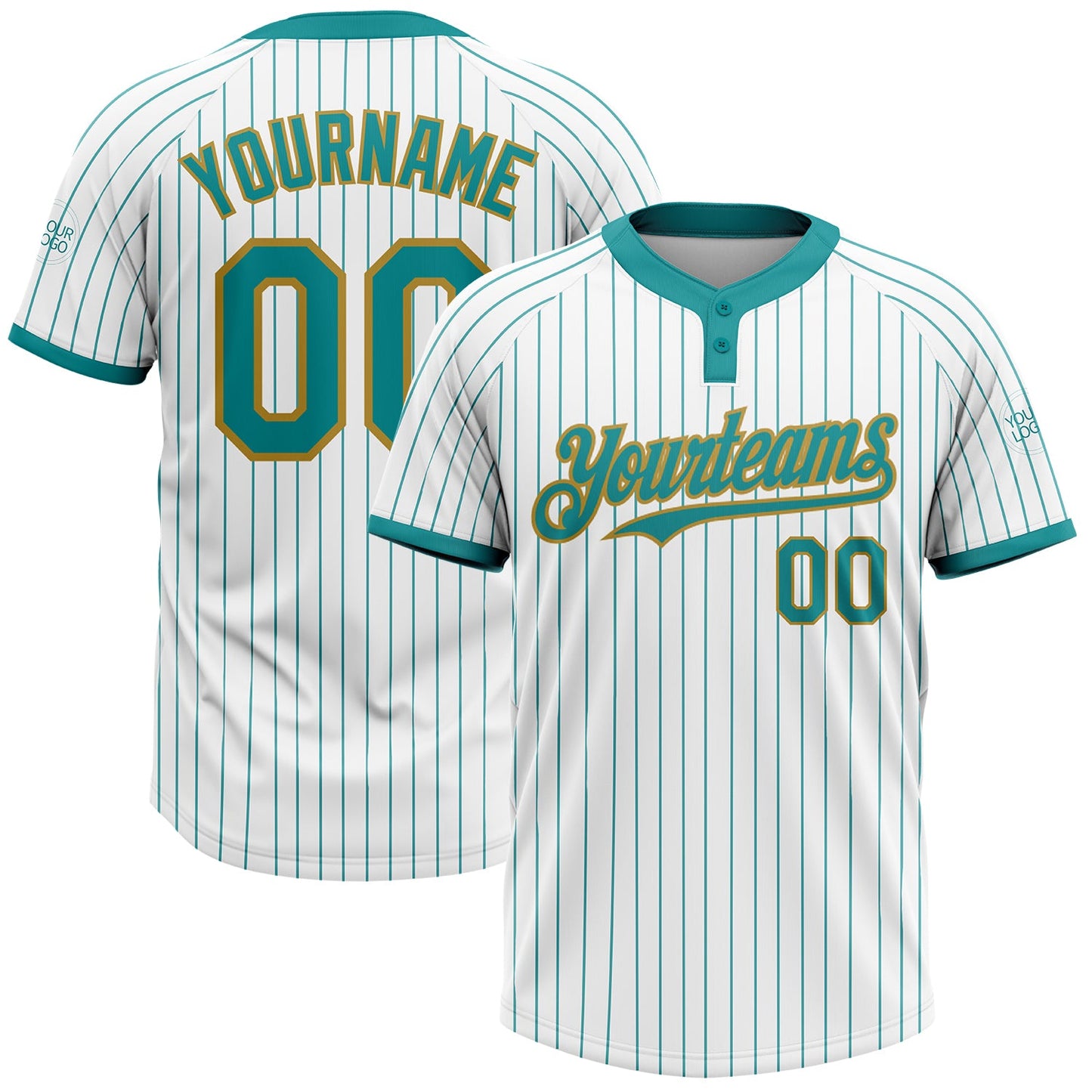 Custom White Teal Pinstripe Old Gold Two-Button Unisex Softball Jersey - Main View