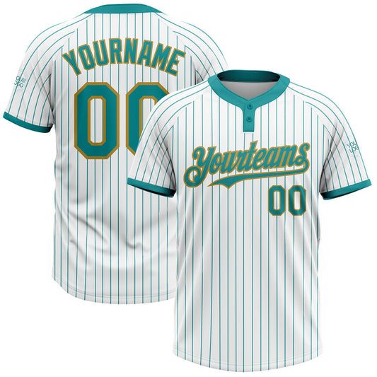 Custom White Teal Pinstripe Old Gold Two-Button Unisex Softball Jersey - Main View