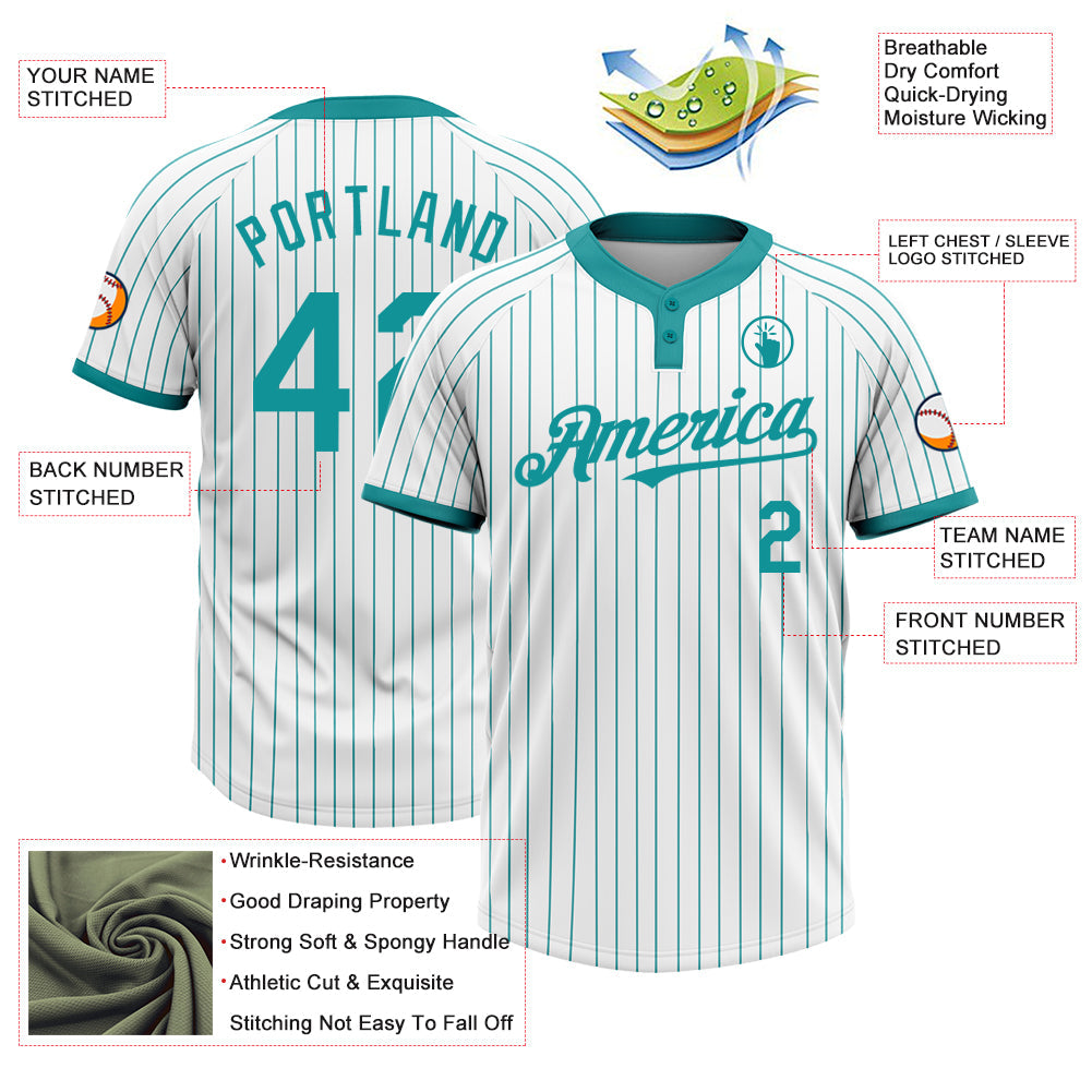 Custom White Teal Pinstripe Teal Two-Button Unisex Softball Jersey view 3