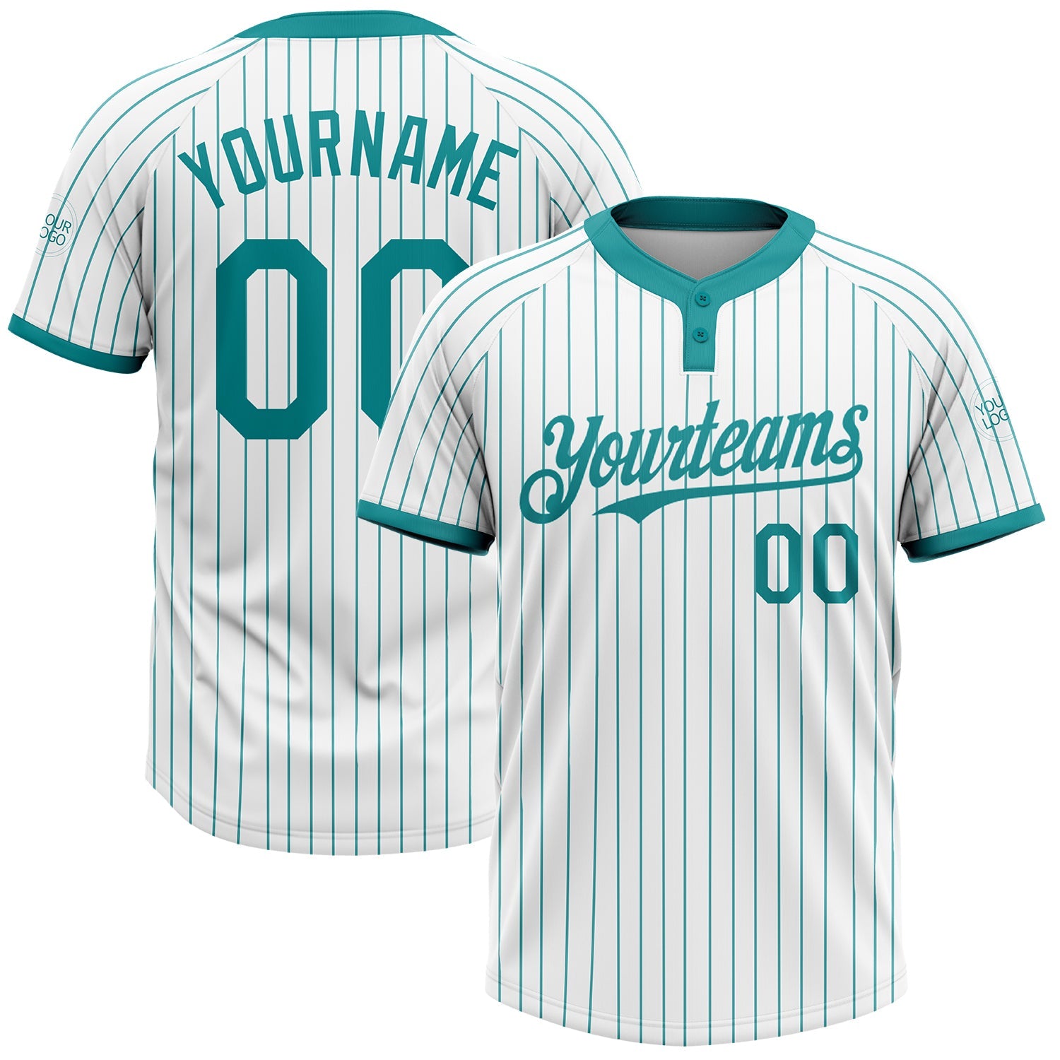 Custom White Teal Pinstripe Teal Two-Button Unisex Softball Jersey - Main View