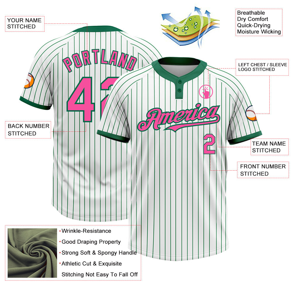 Custom White Kelly Green Pinstripe Pink Two-Button Unisex Softball Jersey view 3