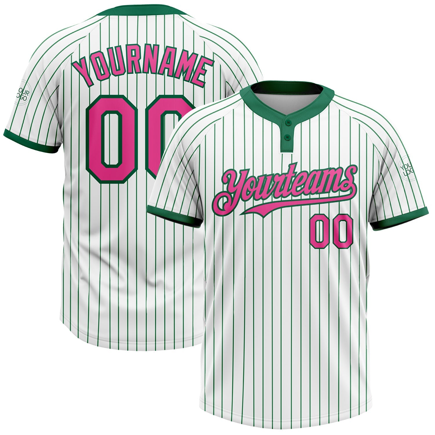 Custom White Kelly Green Pinstripe Pink Two-Button Unisex Softball Jersey - Main View