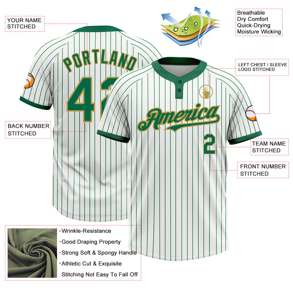Custom White Kelly Green Pinstripe Old Gold Two-Button Unisex Softball Jersey view 3