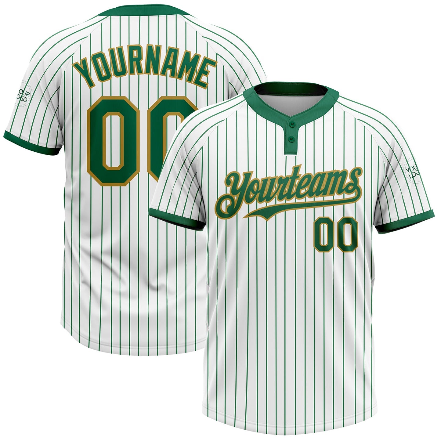 Custom White Kelly Green Pinstripe Old Gold Two-Button Unisex Softball Jersey - Main View