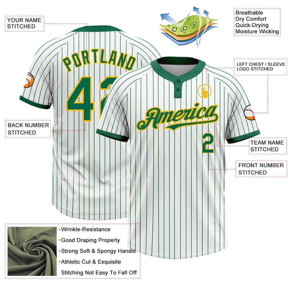 Custom White Kelly Green Pinstripe Gold Two-Button Unisex Softball Jersey view 3
