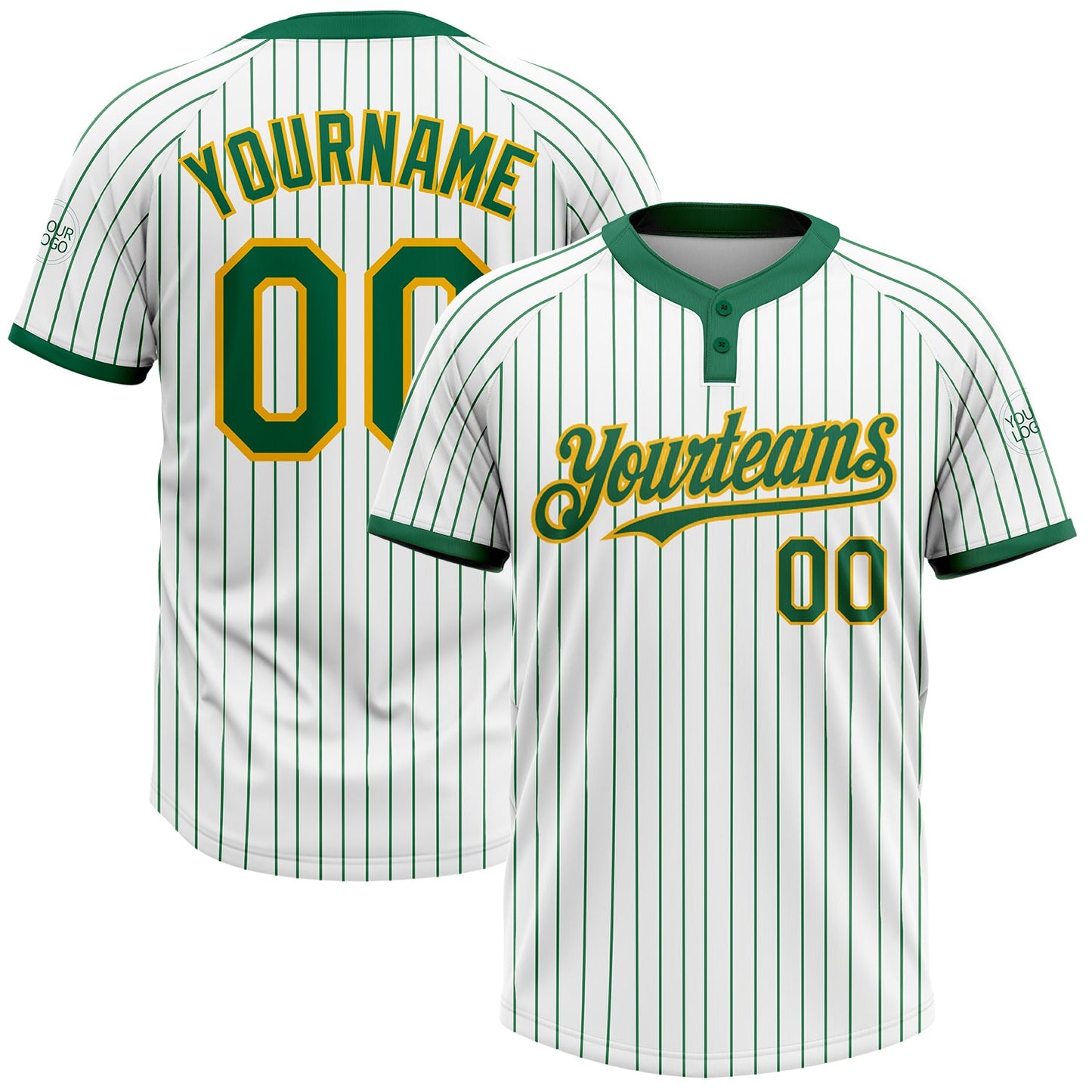 Custom White Kelly Green Pinstripe Gold Two-Button Unisex Softball Jersey - Main View
