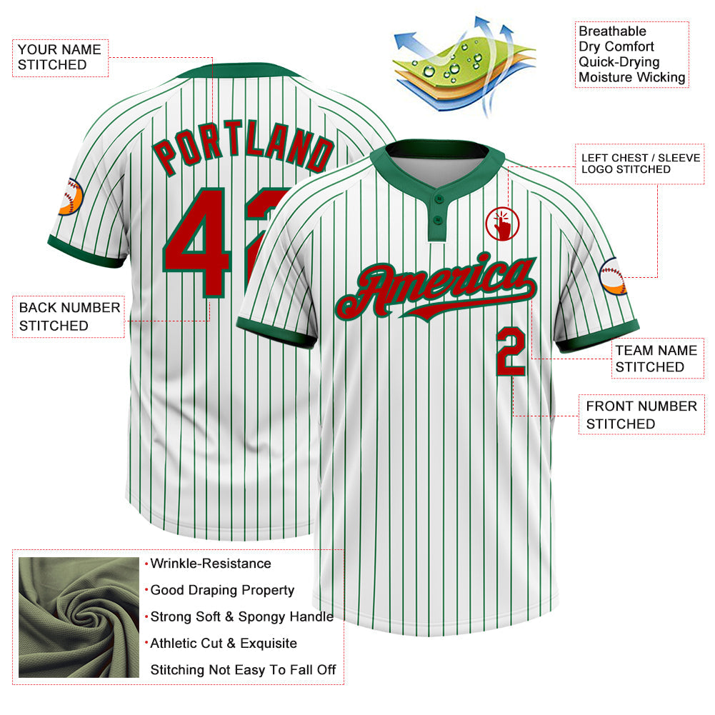 Custom White Kelly Green Pinstripe Red Two-Button Unisex Softball Jersey view 3