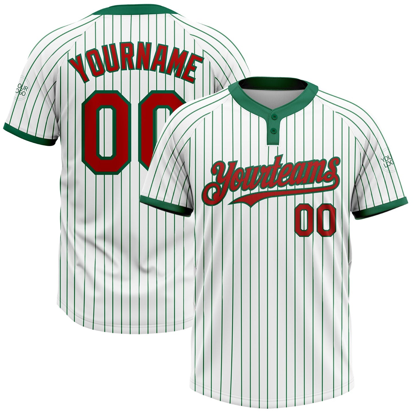 Custom White Kelly Green Pinstripe Red Two-Button Unisex Softball Jersey - Main View