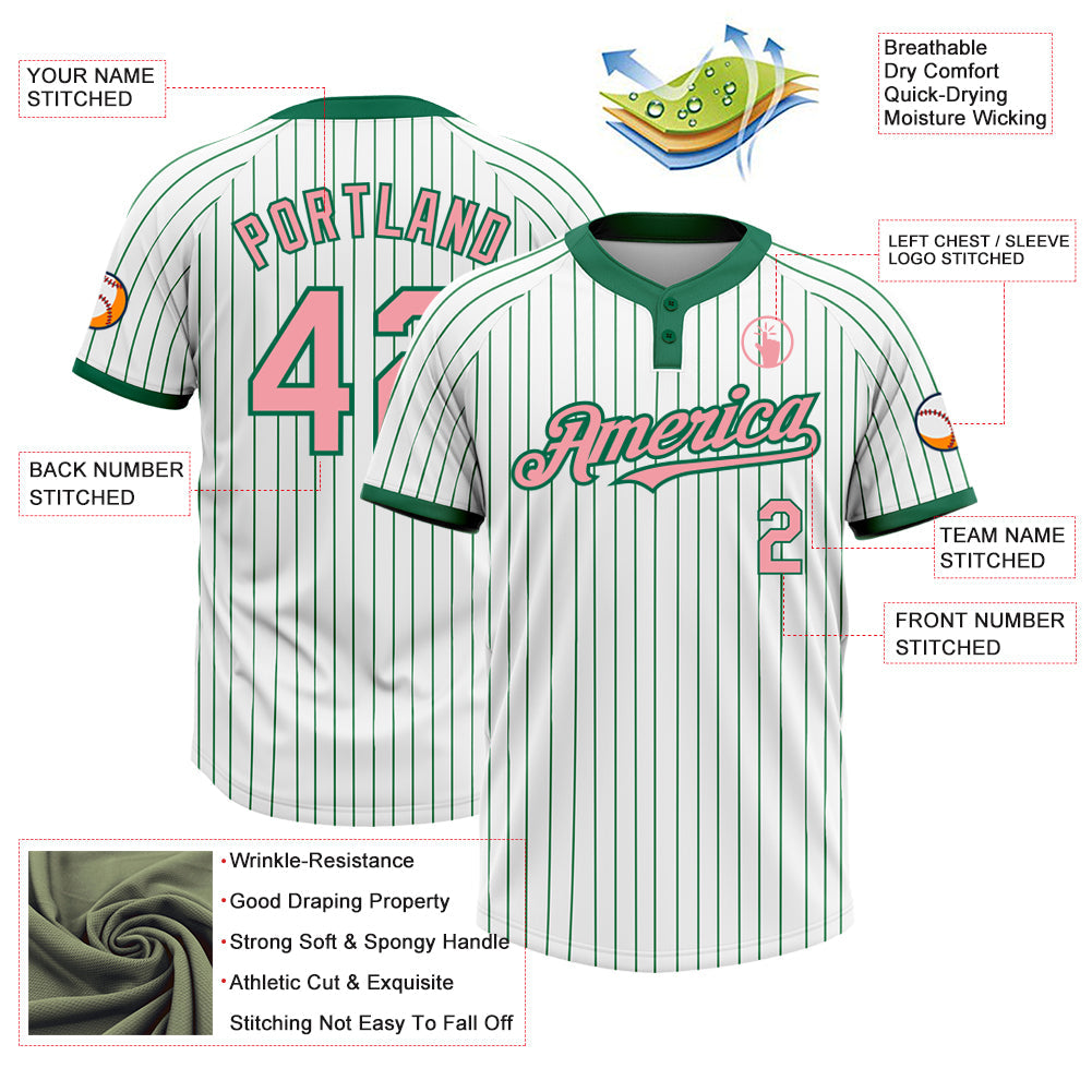 Custom White Kelly Green Pinstripe Medium Pink Two-Button Unisex Softball Jersey view 3