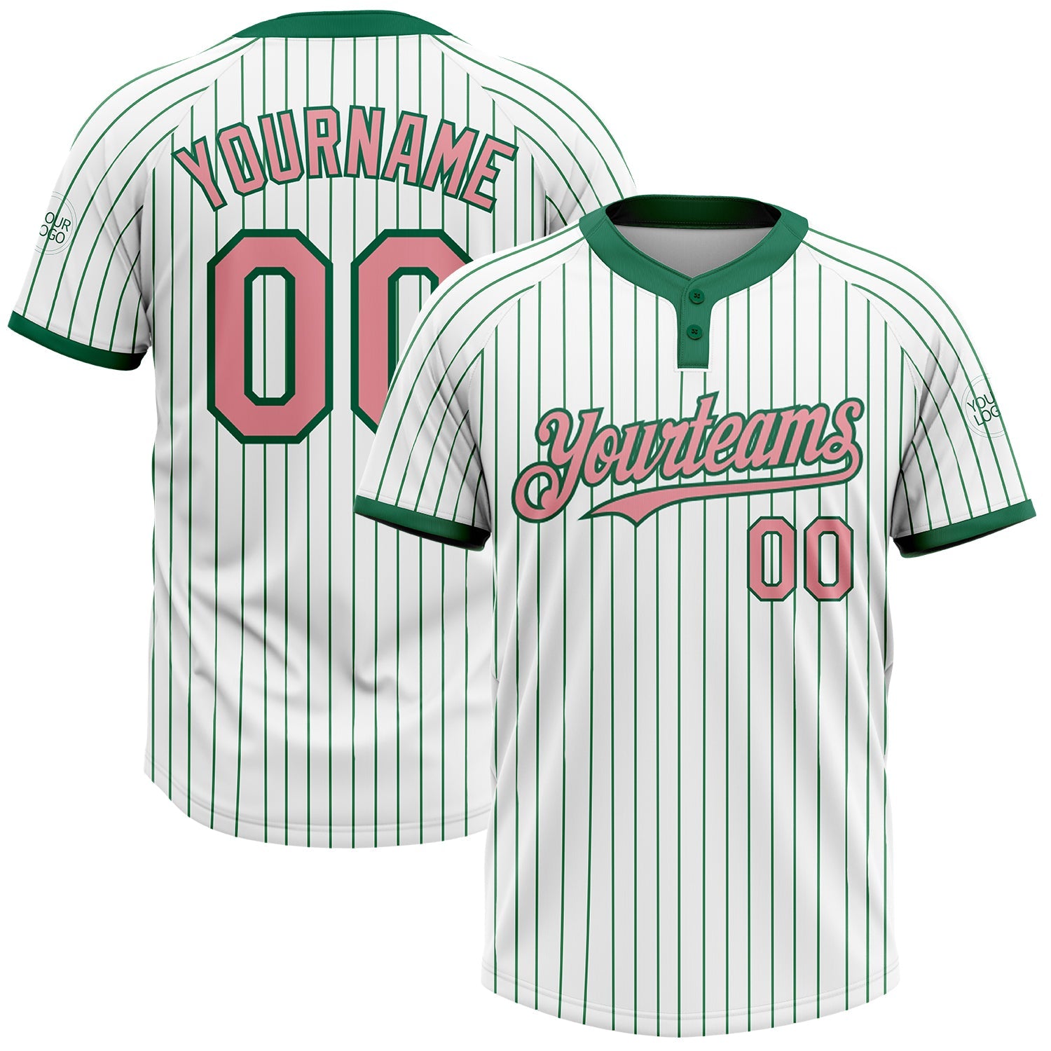 Custom White Kelly Green Pinstripe Medium Pink Two-Button Unisex Softball Jersey - Main View