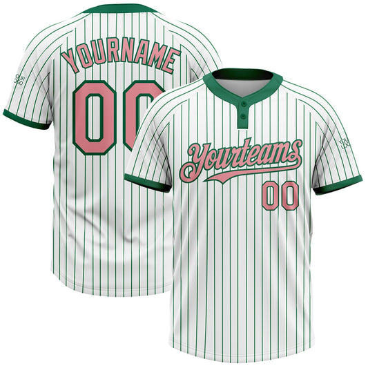 Custom White Kelly Green Pinstripe Medium Pink Two-Button Unisex Softball Jersey - Main View