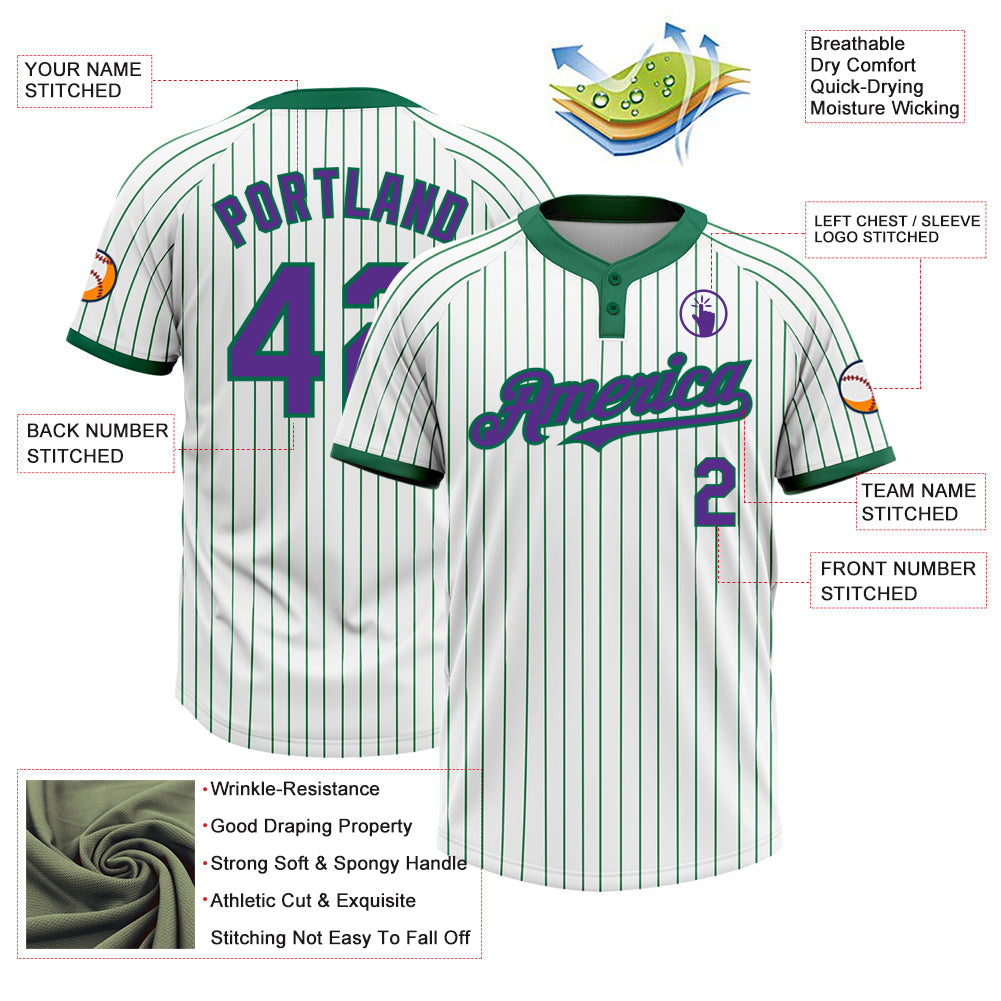 Custom White Kelly Green Pinstripe Purple Two-Button Unisex Softball Jersey view 3