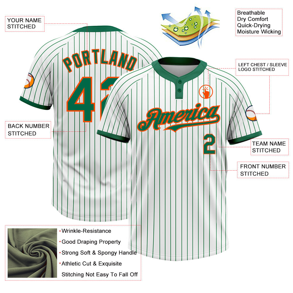 Custom White Kelly Green Pinstripe Orange Two-Button Unisex Softball Jersey view 3