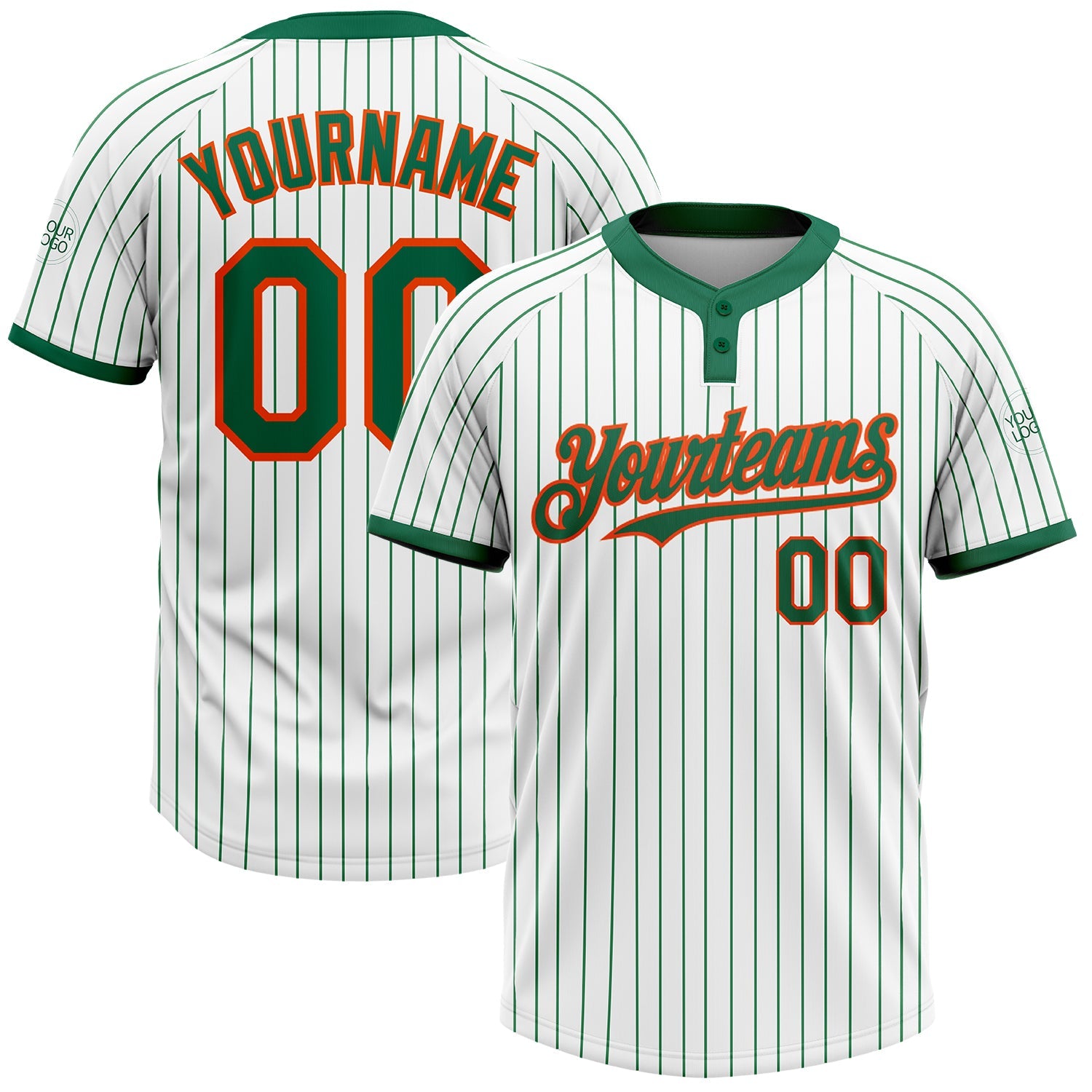 Custom White Kelly Green Pinstripe Orange Two-Button Unisex Softball Jersey - Main View