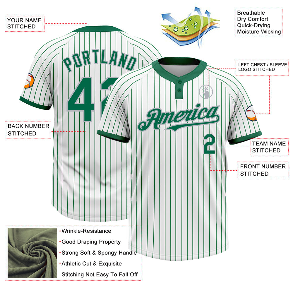 Custom White Kelly Green Pinstripe Gray Two-Button Unisex Softball Jersey view 3