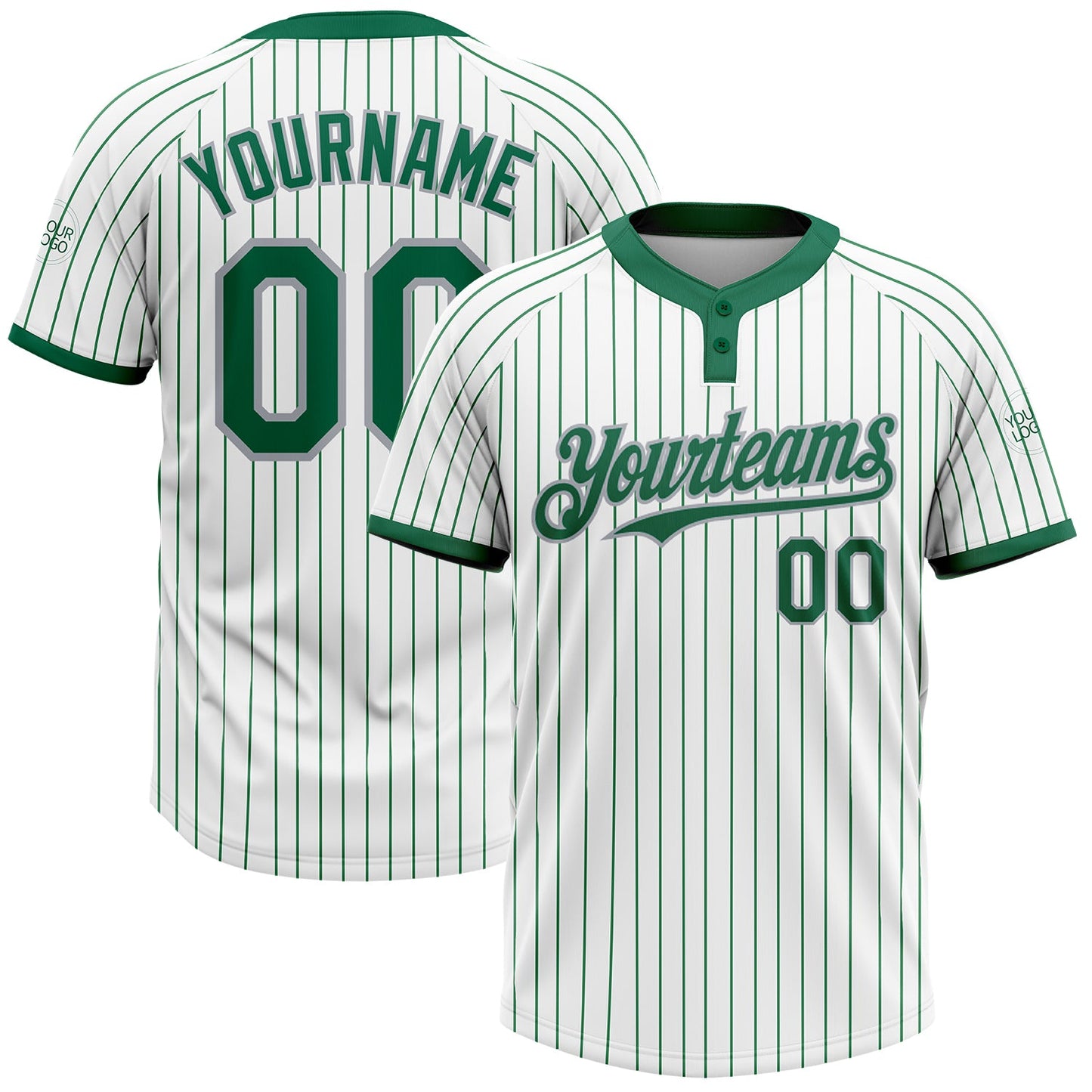 Custom White Kelly Green Pinstripe Gray Two-Button Unisex Softball Jersey - Main View