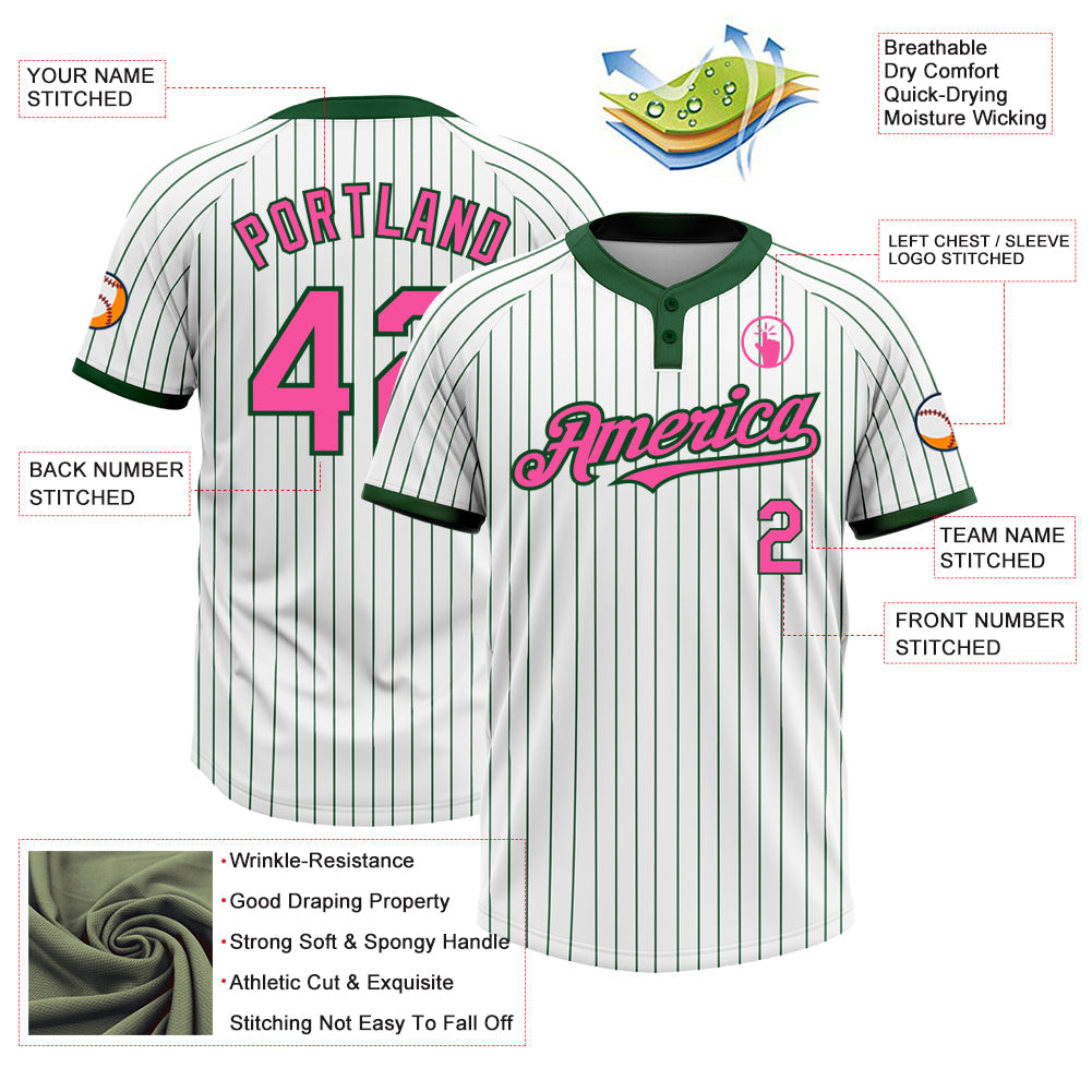 Custom White Green Pinstripe Pink Two-Button Unisex Softball Jersey view 3
