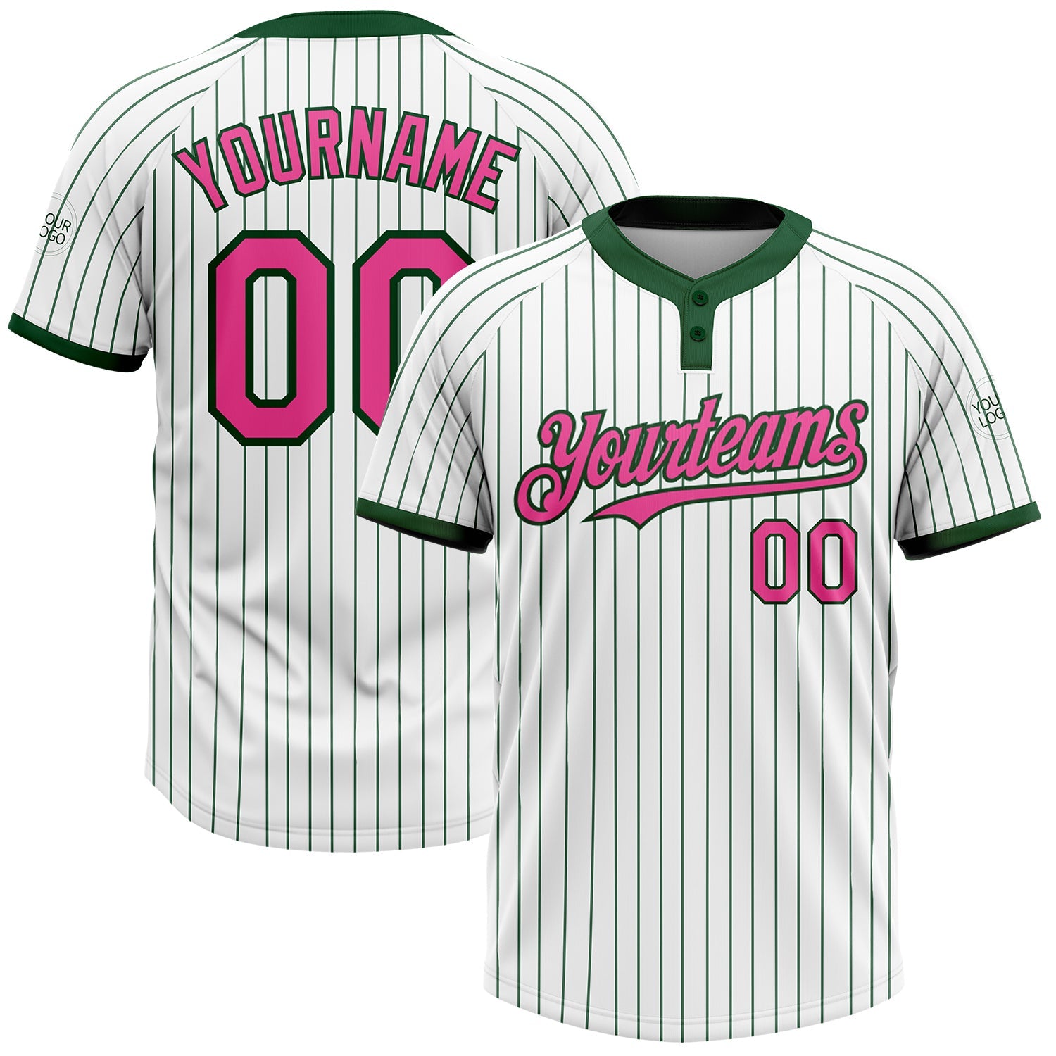 Custom White Green Pinstripe Pink Two-Button Unisex Softball Jersey - Main View