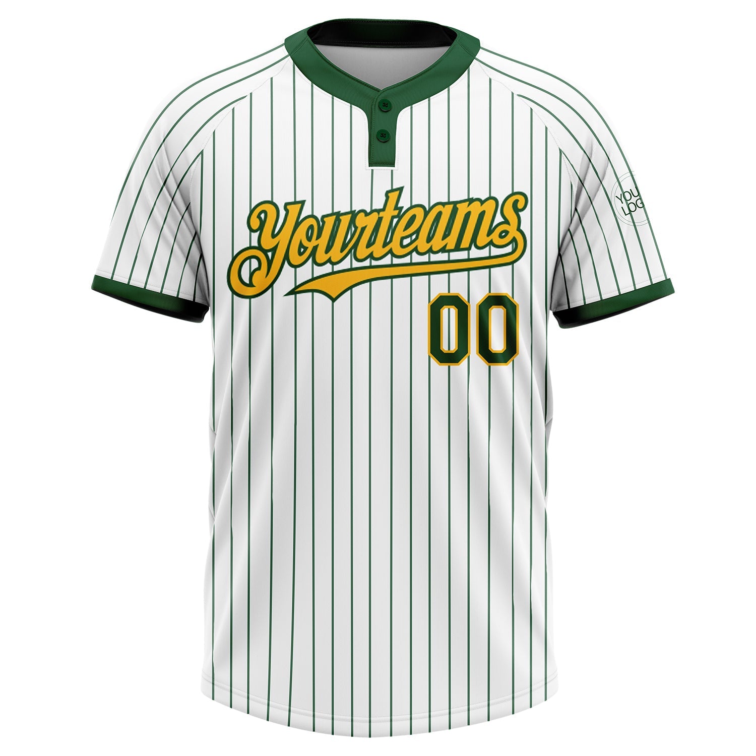 Custom White Green Pinstripe Gold Two-Button Unisex Softball Jersey view 2
