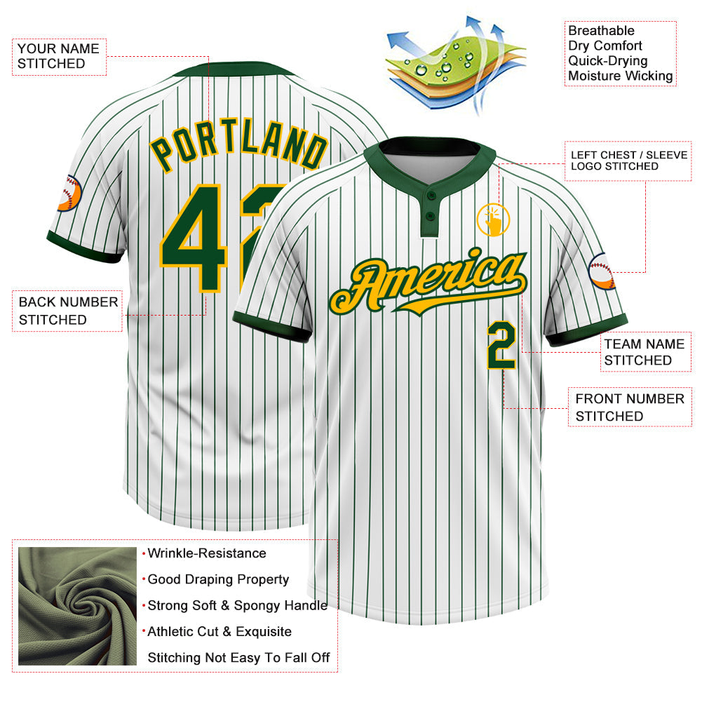 Custom White Green Pinstripe Gold Two-Button Unisex Softball Jersey view 3