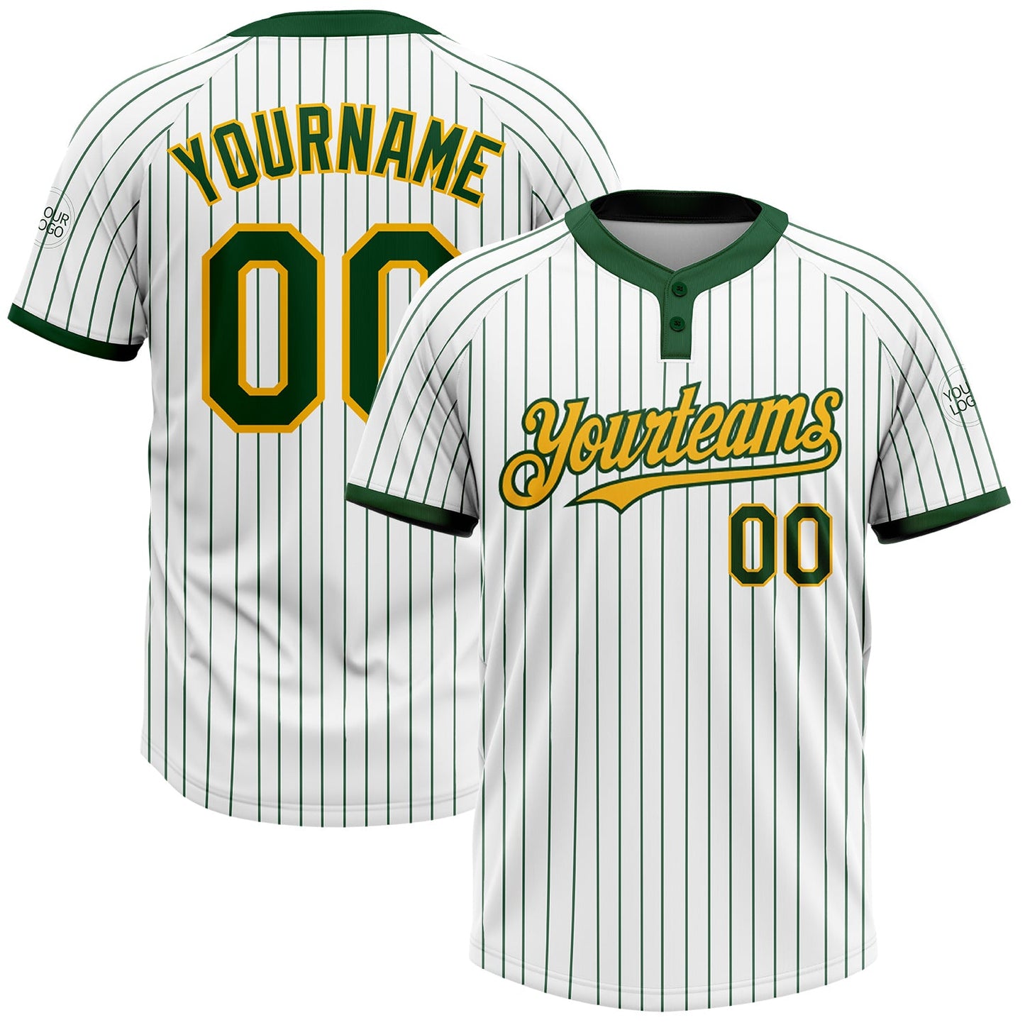 Custom White Green Pinstripe Gold Two-Button Unisex Softball Jersey - Main View