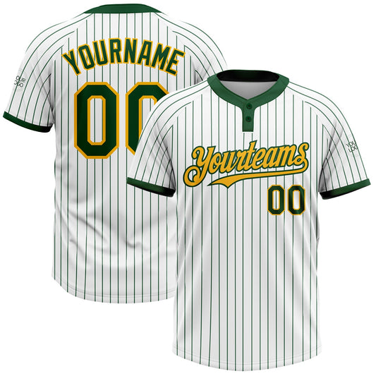 Custom White Green Pinstripe Gold Two-Button Unisex Softball Jersey - Main View