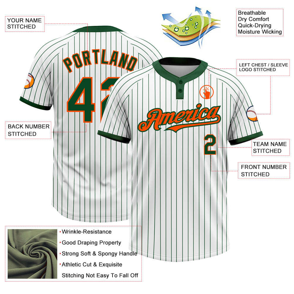 Custom White Green Pinstripe Orange Two-Button Unisex Softball Jersey view 3