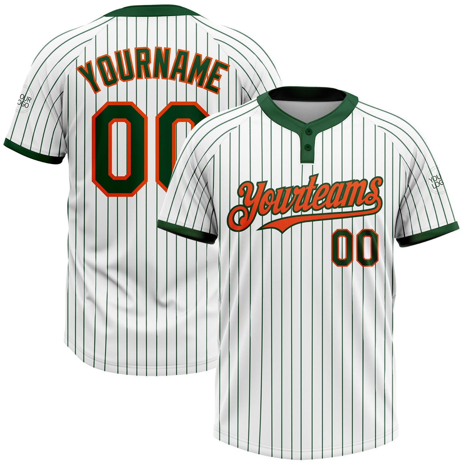 Custom White Green Pinstripe Orange Two-Button Unisex Softball Jersey - Main View