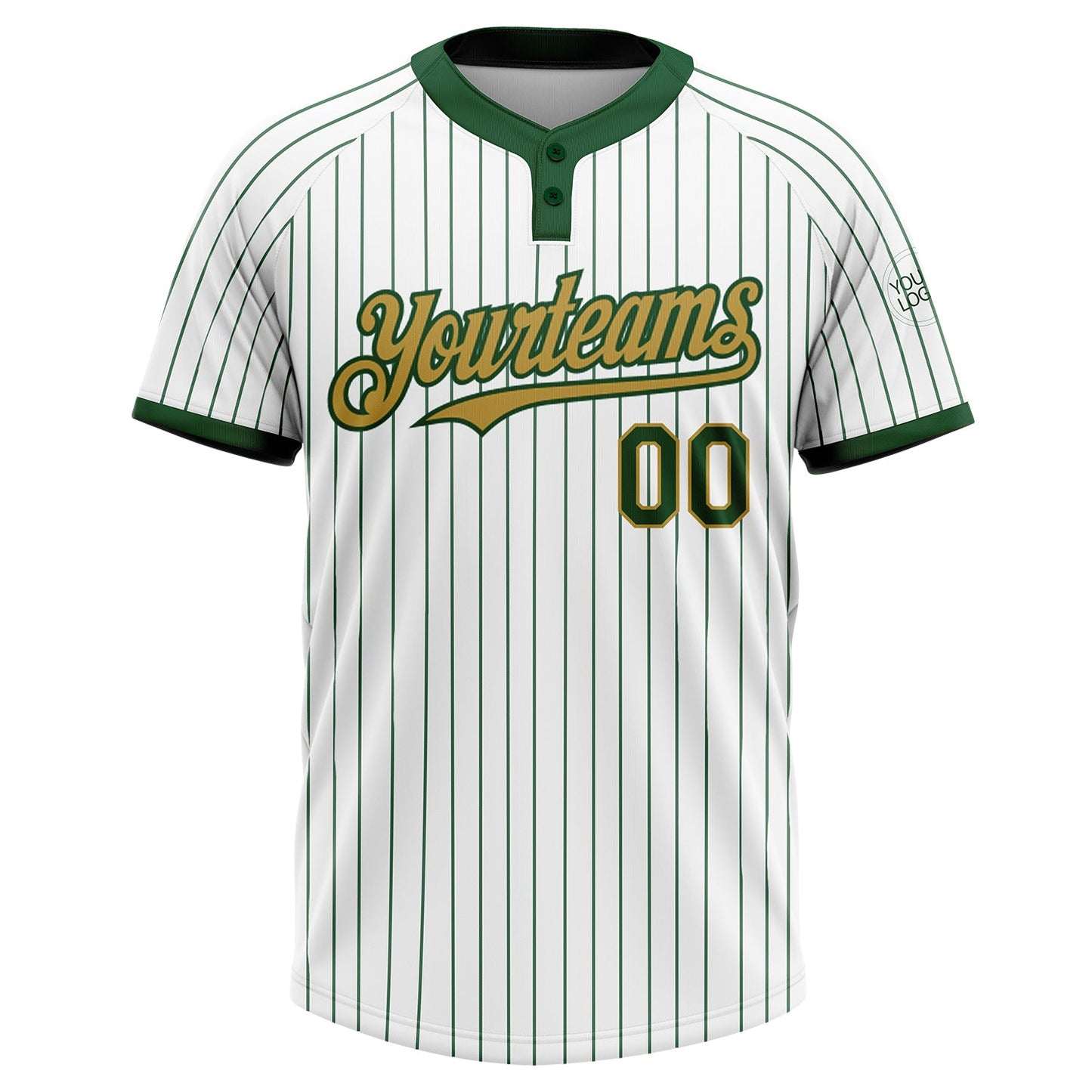 Custom White Green Pinstripe Old Gold Two-Button Unisex Softball Jersey view 2
