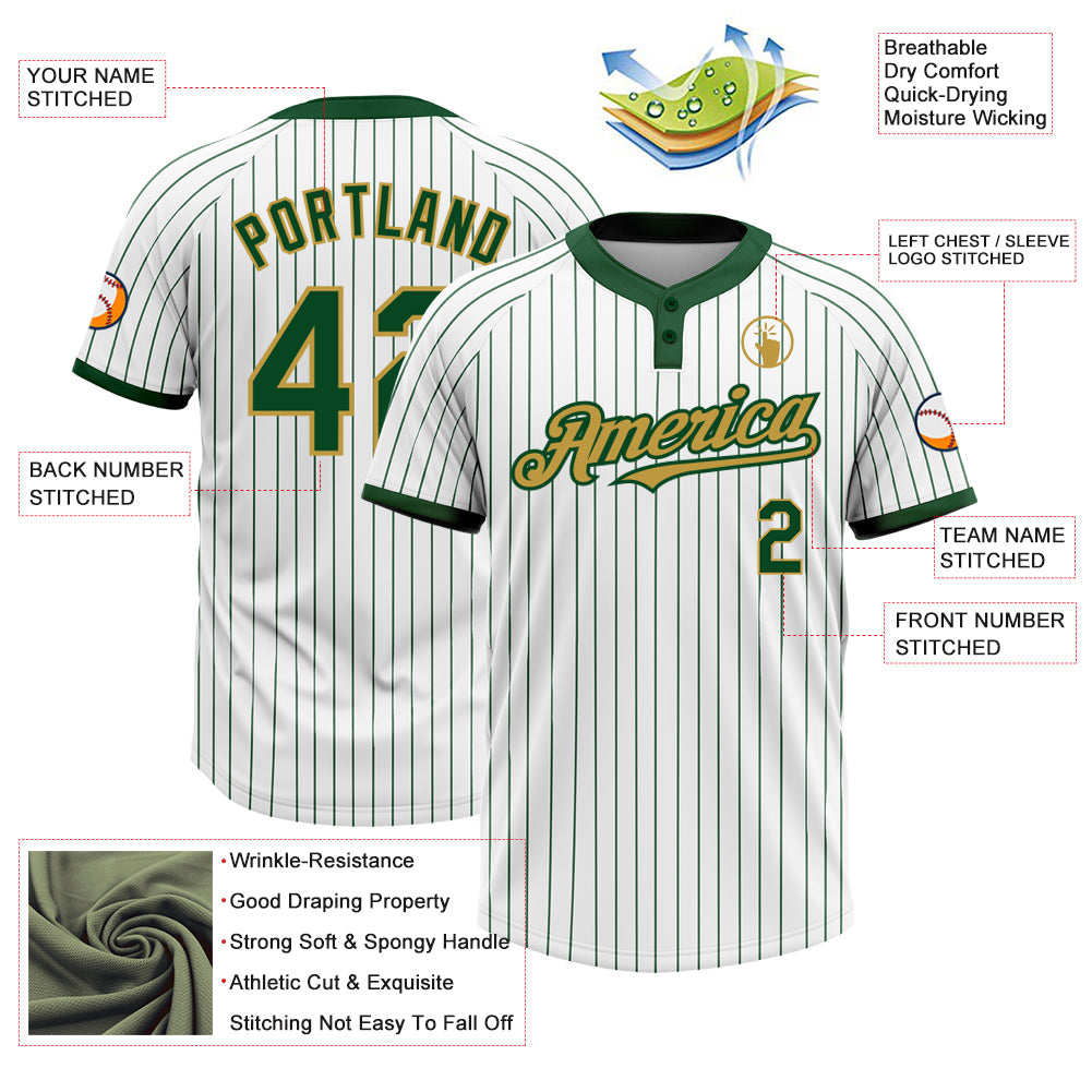 Custom White Green Pinstripe Old Gold Two-Button Unisex Softball Jersey view 3