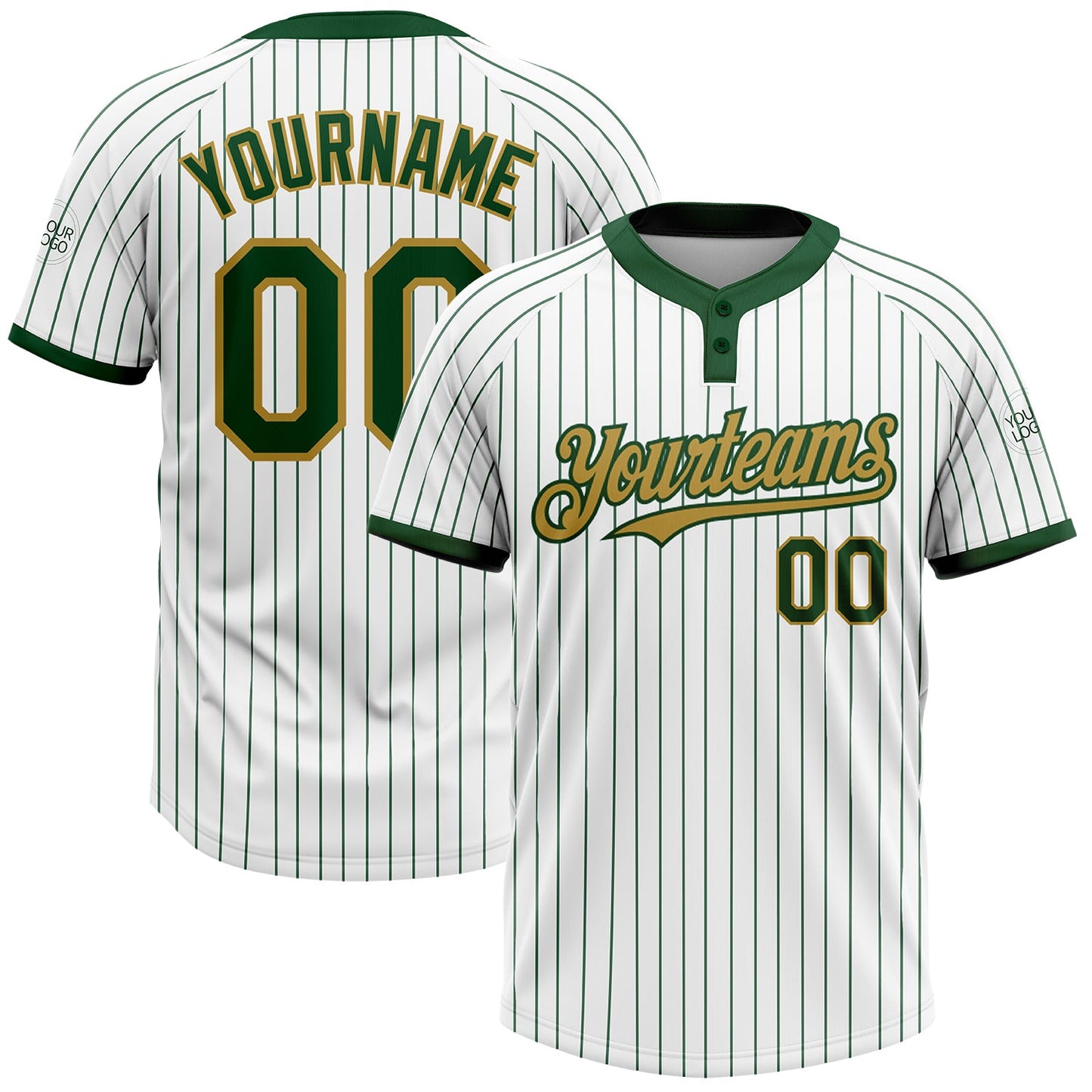 Custom White Green Pinstripe Old Gold Two-Button Unisex Softball Jersey - Main View