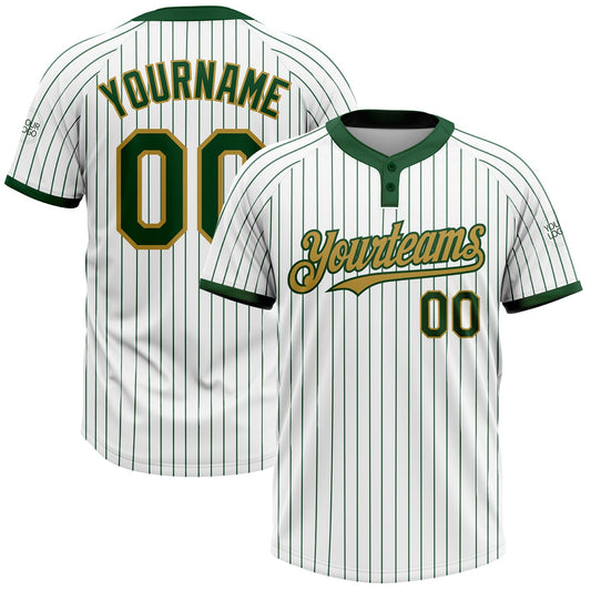 Custom White Green Pinstripe Old Gold Two-Button Unisex Softball Jersey - Main View