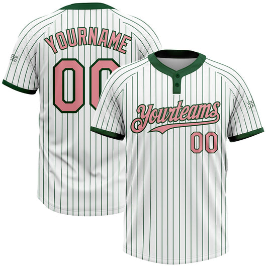 Custom White Green Pinstripe Medium Pink Two-Button Unisex Softball Jersey - Main View